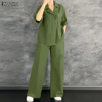 ZANZEA Women's Casual Pant Sets 2026 Summer Loose Half Sleeve Collared Blouses and Wide Leg Pants 2pcs Suits Woman Outfit S-3XL