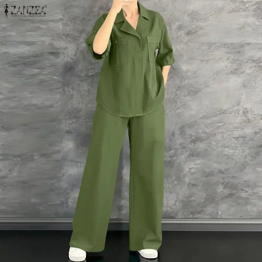 ZANZEA Women's Casual Pant Sets 2026 Summer Loose Half Sleeve Collared Blouses and Wide Leg Pants 2pcs Suits Woman Outfit S-3XL