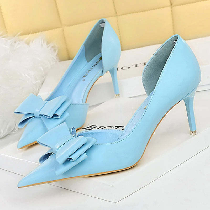 BIGTREE Shoes Pu Leather Kitten Heels Bowknot Stiletto Heels 7.5 Cm Women Pumps Fashion High-heeled Shoes Sexy Wedding Shoes