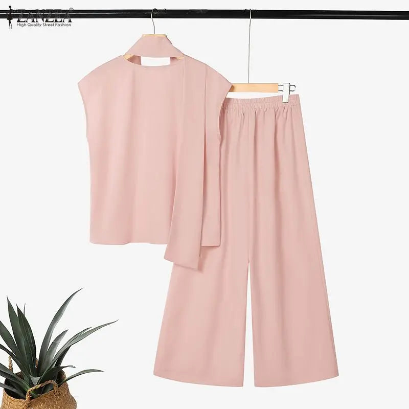ZANZEA Women Minimalist 2pcs Matching Pant Sets Sashes V-Neck Blouses & Elastic Back Waist Wide Leg Pants Suits Outfits Commute