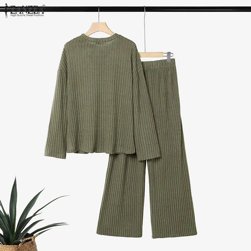 ZANZEA Women Ribbed Knit Pant Sets O-Neck Long Sleeve T-Shirt & Elastic Waist Pant 2 Piece Matching Sets Autumn Casual Co-ords