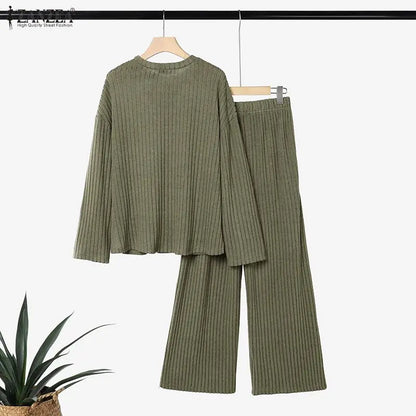 ZANZEA Women Ribbed Knit Pant Sets O-Neck Long Sleeve T-Shirt & Elastic Waist Pant 2 Piece Matching Sets Autumn Casual Co-ords