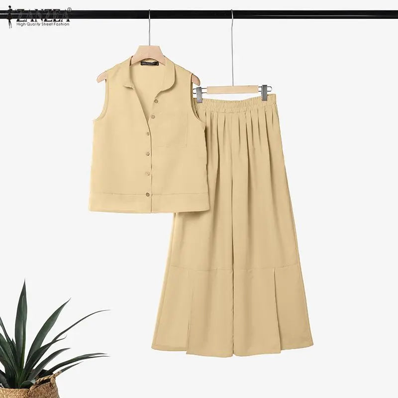 2026 ZANZEA Summer Wide Leg Pant Sets Stylish Lapel Neck Sleeveless Shirt Trousers Suit Women Solid OL Work Outfits 2 Piece Sets