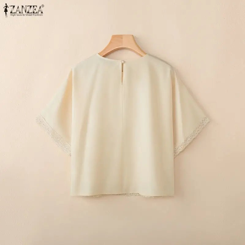ZANZEA Women Bohemian Lace Patchwork Blouses Loose O-Neck Half Sleeve Solid Color Tops 2026 Summer Daily Casual Blusas de Mujer