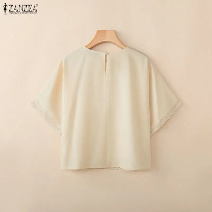 ZANZEA Women Bohemian Lace Patchwork Blouses Loose O-Neck Half Sleeve Solid Color Tops 2026 Summer Daily Casual Blusas de Mujer