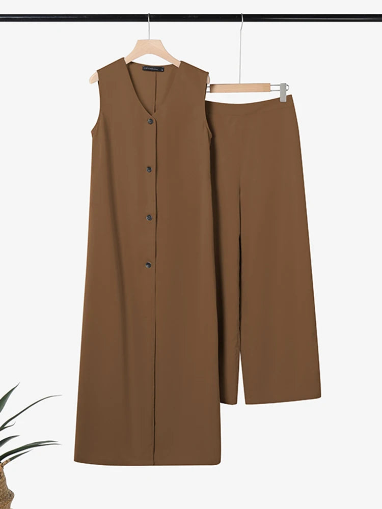ZANZEA Street Fashion Women's Pant Sets Sleeveless Long Tops and Wide Leg Pants 2PCS Outfits 2025 Summer Commute Solid Suits