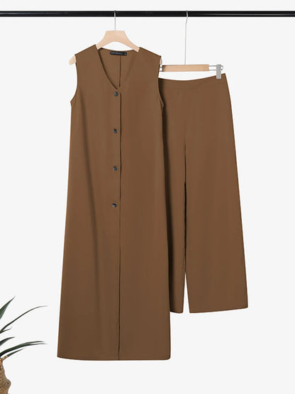 ZANZEA Street Fashion Women's Pant Sets Sleeveless Long Tops and Wide Leg Pants 2PCS Outfits 2025 Summer Commute Solid Suits