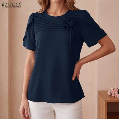 ZANZEA Summer Women Blouse Short Sleeve Elegant Flower Pleated O Neck Casual OL Work Tunic Tops Casual Blusas Streetwear