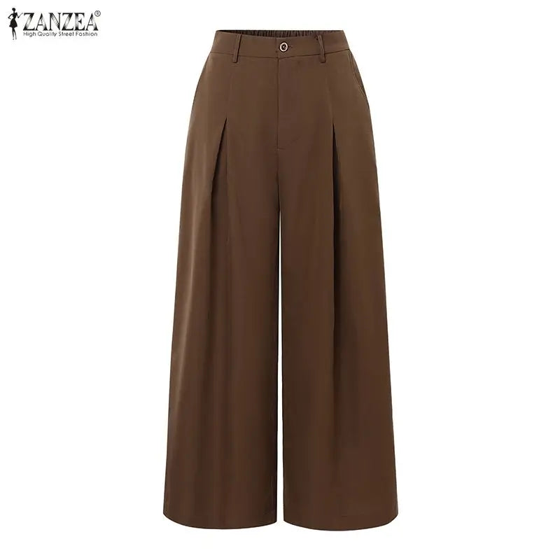 ZANZEA Fashion Women High Waist Long Pants Zipper Elegant Office Lady Wide Leg Trousers 2026 Summer Casual Loose Solid Pantalons