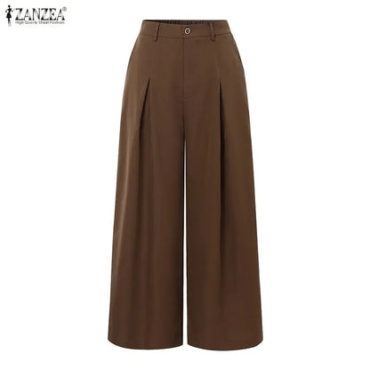 ZANZEA Fashion Women High Waist Long Pants Zipper Elegant Office Lady Wide Leg Trousers 2026 Summer Casual Loose Solid Pantalons