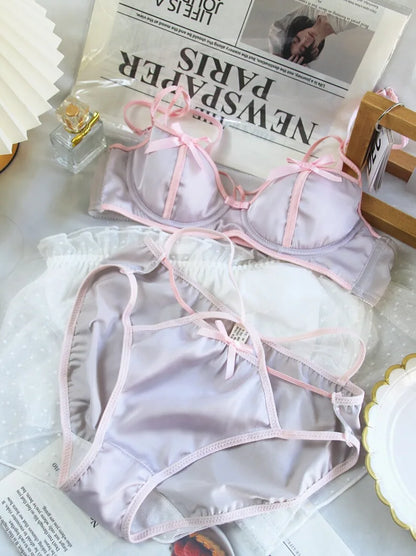 Oil painting girls Japanese bra small breasts gathered lingerie sexy retro satin with steel ring underwear set