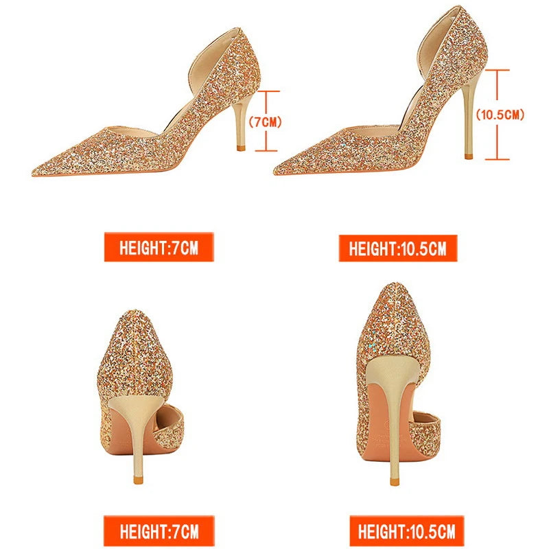 Women 7cm 10.5cm Super High Heels Blue Gold Pumps Sexy Sequins Bling Low Heels Lady Scarpins Luxury Stiletto Sparkly Party Shoes