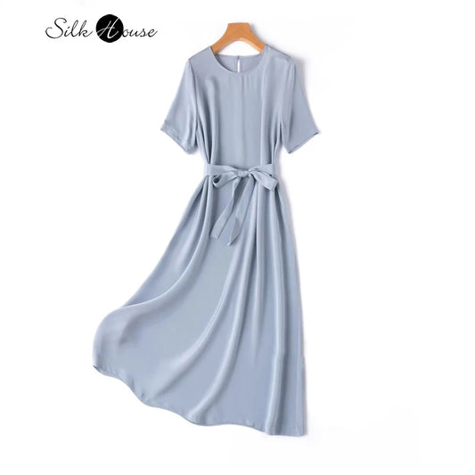 2026 Summer New 26MM 93%Natural Mulberry Silk Elastic Heavy Wrinkle Round Neck Short Sleeve Straight Mid Length Women's Dress