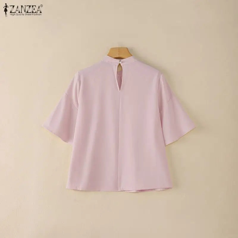 ZANZEA Elegant Loose Blouses Women's Stand Collar Half Sleeves Pleated Tops Summer Daily Casual Solid Color Blusas de Mujer