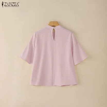 ZANZEA Elegant Loose Blouses Women's Stand Collar Half Sleeves Pleated Tops Summer Daily Casual Solid Color Blusas de Mujer