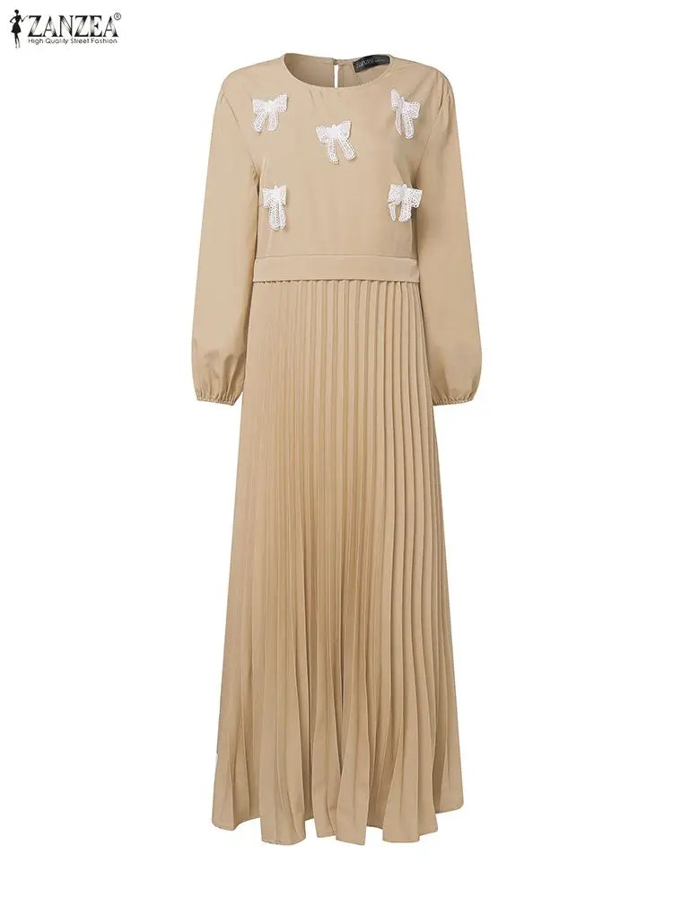 2026 Fashion Muslim Abaya Dress ZANZEA Women Elegant Long Sleeve Patchwork Party Dress Dubai Robe Spring A Line Pleated Sundress