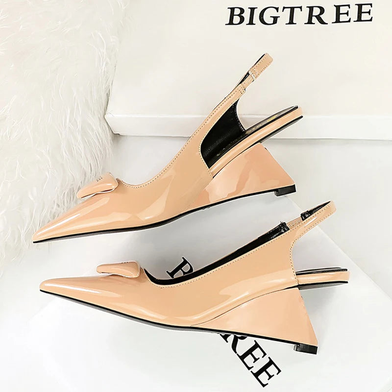 BIGTREE Shoes 2026 New Wedges Heels Women Patent Leather Woman Pumps Hollow Back Strap Women Sandals Elegant High Heels 6.5 Cm