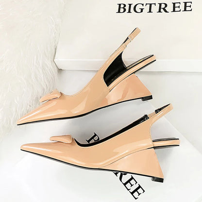 BIGTREE Shoes 2026 New Wedges Heels Women Patent Leather Woman Pumps Hollow Back Strap Women Sandals Elegant High Heels 6.5 Cm