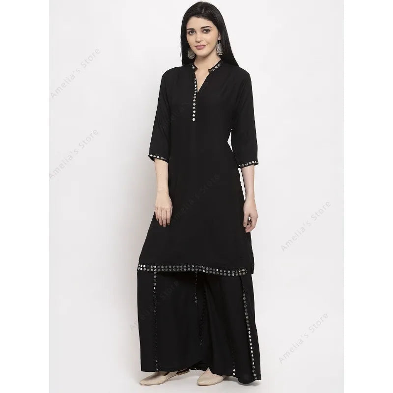 Indian Dress Women's Black Mirror Work Kurta Sharara Set Elegant Ethnic Suit for Party Festive Wear Pakistani