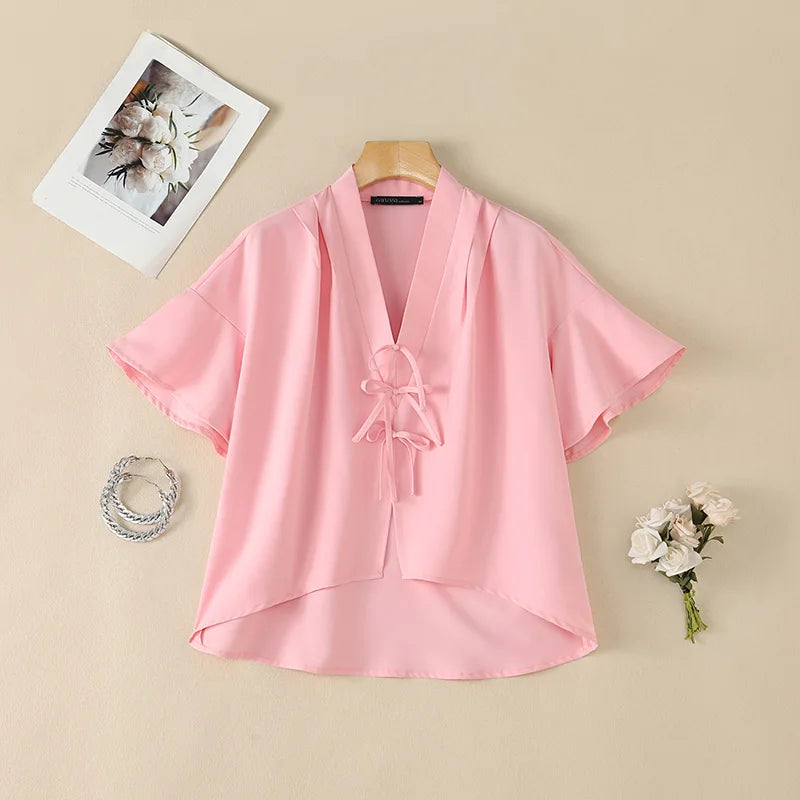 ZANZEA Vintage Kimono Blouses Woman V-Neck Short Sleeve Bow Details High-Low Pullover Tops Casual Day Wear Loose Blusas Mujer