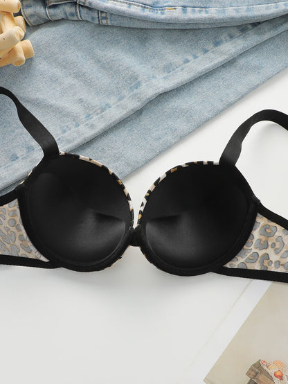 Sexy leopard print 2-piece set with gathered lifting and thickened steel support bra set for women's underwear B2051