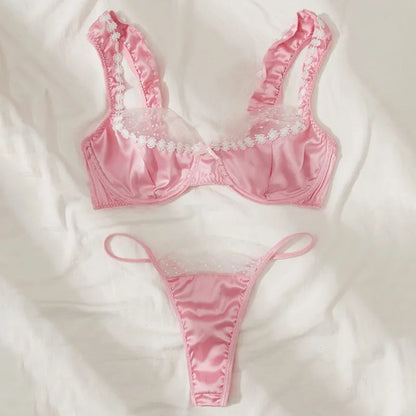 Sweet Pink Satin Lingerie Set Lace Floral Bra Luxury Underwear Bridal Intimate Lingerie Polka Dot Mesh Splicing Sexy Lingerie