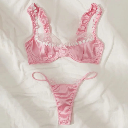 Sweet Pink Satin Lingerie Set Lace Floral Bra Luxury Underwear Bridal Intimate Lingerie Polka Dot Mesh Splicing Sexy Lingerie
