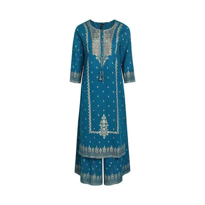 Indian Apparel Women's Ethnic Set 2-Piece Cotton Printed Navy Blue Indian Traditional Dress Cotton Printed 3-piece Suit