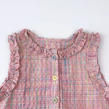 Pink Girl's Summer Two-piece Set with Single Breasted Sleeveless Top and Casual Pants, New Children's Sets Kids Clothes