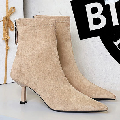 BIGTREE Shoes Retro Suede Pointed Toe Women Boots Rear Zipper Short Boots For Women Stiletto Heels 6.5 cm Sexy Lady Ankle Boots