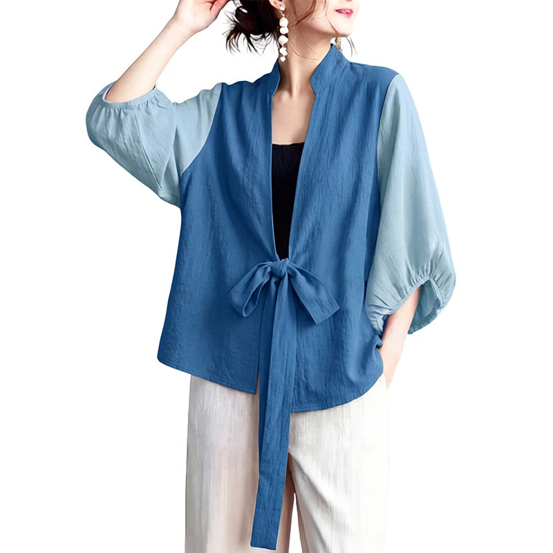 ZANZEA Woman Kimono Tops Stylish Color Blocked Lantern Sleeves Tie-Front Cover-Up 2026 Summer Casual Daily Wear Loose Cardigans