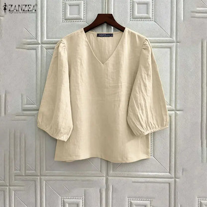ZANZEA Women's Cotton Linen Breathable Blouses Casual V-Neck 3/4 Lantern Sleeves Solid Color Tops Everyday Wear Blusas de Mujer