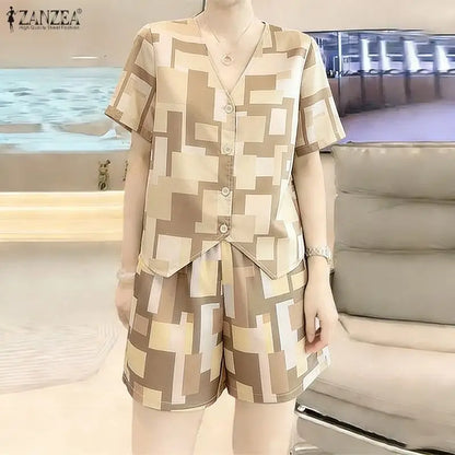 Fashion Summer 2 Pieces Sets 2026 ZANZEA Printed Tracksuit Women V Neck Short Sleeve Blouse Short Sets Casual Holiday Outfits