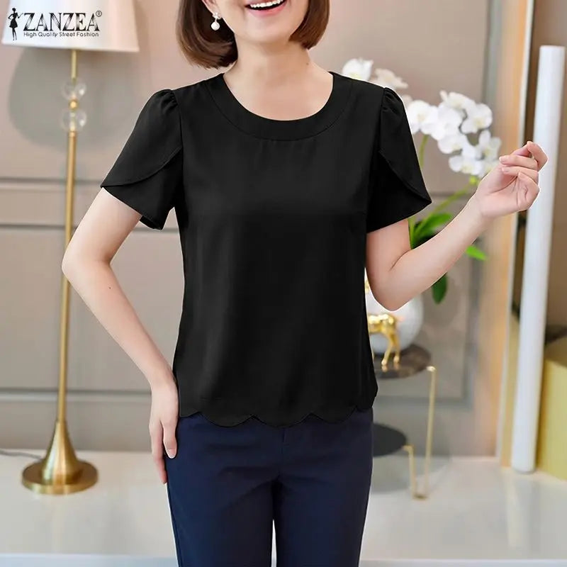 ZANZEA Women Elegant Scalloped Hem Blouses Short Petal Sleeves O-Neck Solid Color Tops Summer Casual Daily Wear Blusas de Mujer