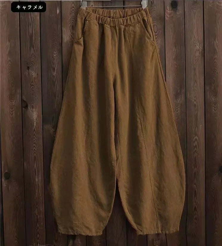 2024 Cotton Linen Bloomers Wide Leg Pants Women Vintage Full Length Fashion Elegent Pants Solid Elasitic Waist Spring Autumn 5XL