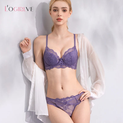 Sexy Hollow Bra French Ultra Thin Lace Embroidery Women Lingerie Set Underwire Push Up Bras Breathable Underwear and Panties Set