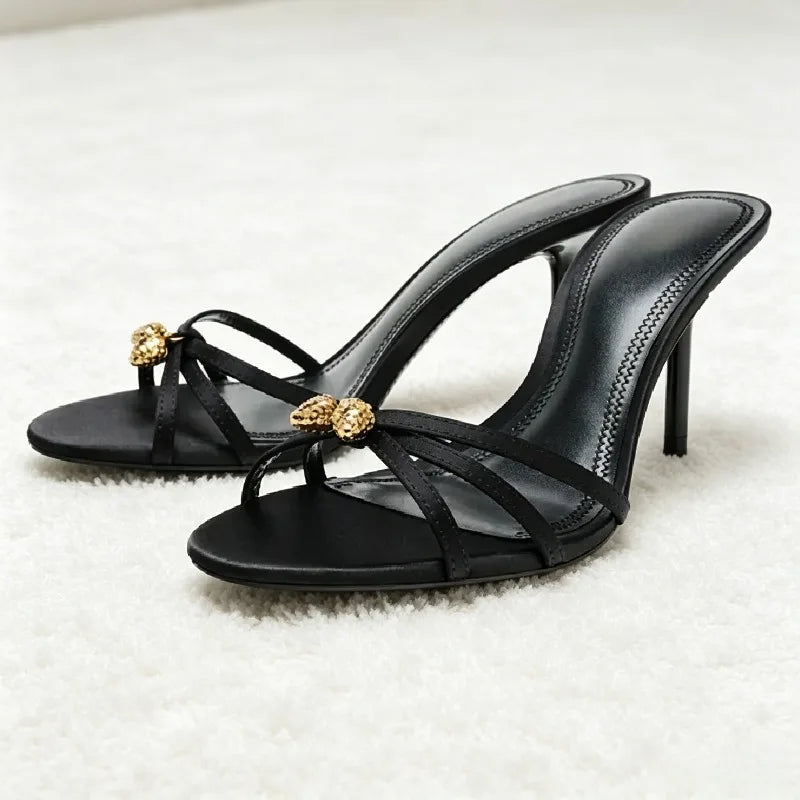 Luxury Metal Detail Satin Heeled Sandals Women Unique Cross Tied Open-toe Slide Sandals Fashion Round-toe Stiletto Party Heels