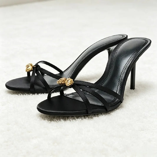 Luxury Metal Detail Satin Heeled Sandals Women Unique Cross Tied Open-toe Slide Sandals Fashion Round-toe Stiletto Party Heels
