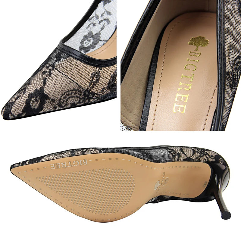 BIGTREE Shoes Mesh Hollow Lace Women Pumps Sexy Party Shoes High Heels Wedding Shoes Lace Stiletto Heels 9 cm Ladies Shoes 2026