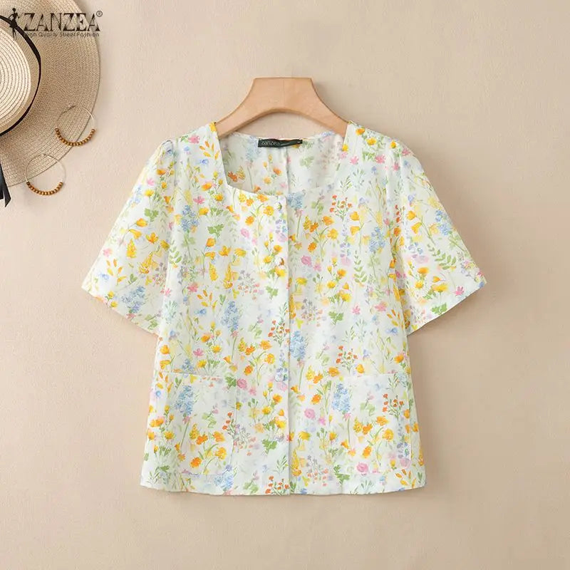 ZANZEA Women's Allover Floral Printing Shirts Elegant Square Neck Short Sleeve Button Up Blouses Summer Casual Day Chemise Femme