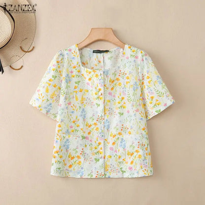 ZANZEA Women's Allover Floral Printing Shirts Elegant Square Neck Short Sleeve Button Up Blouses Summer Casual Day Chemise Femme