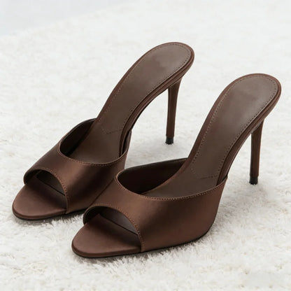 Brown Satin Heeled Sandals Women Summer Sexy Open Toe  High Heels for Ladies Elegant Party Dress Shoes Fashion Designer Slippers