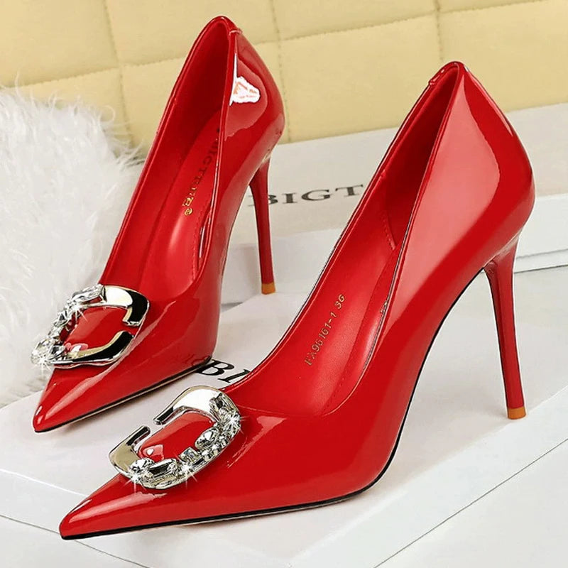 BIGTREE Shoes Metal Rhinestone Belt Buckle Women Pumps Patent Leather High Heels Luxury Banquet Shoes Sexy Party Shoes Women