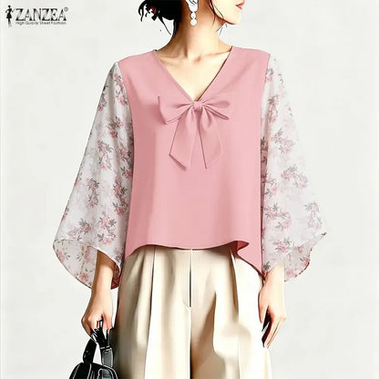 ZANZEA 2026 Women Bow Detail Blouses Elegant V-Neck Floral 3/4 Bell Sleeves Patchwork Tops Autumn Loose High Low Blusas Mujer