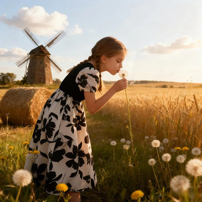 New Children Black Floral Dress Summer Short Sleeve Casual Vacation Kids Girl Dresses Cute Fashion Teen Dress 7 8 9 10 11 12 Yrs