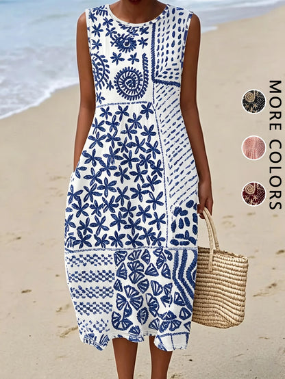 2026 Women's Sleeveless Bohemian Floral Casual Beach MIDI Sundress With Pockets Flowing and Loose Sweetheart Rustic Country