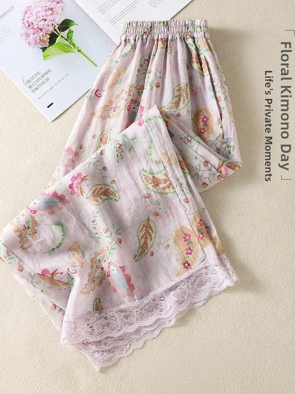 Artistic Casual Pants Women Summer Loose Versatile Retro Print Wide Leg Pants High Waist Straight Tube Geometric Pattern