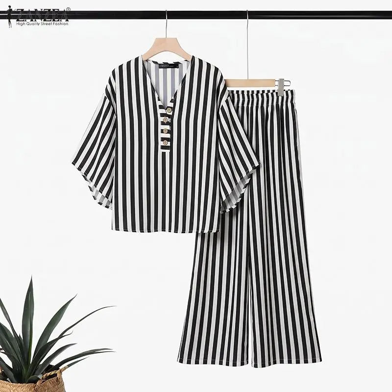 ZANZEA Summer Autumn 3/4 Sleeve Tops Women Pants Sets Fashion V Neck Blusas Wide Leg Pants 2PCS OL Work Party Two-piece Outfits