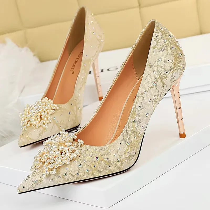 BIGTREE Shoes Pearl Flowers Woman Pumps Rhinestone High Heels 2026 New Luxurious Women Heels Stiletto Large Size Ladies Pumps