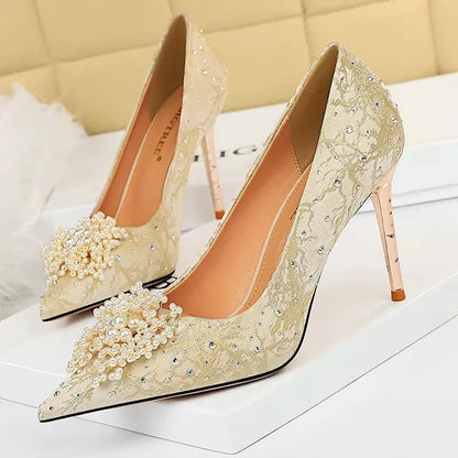 BIGTREE Shoes Pearl Flowers Woman Pumps Rhinestone High Heels 2026 New Luxurious Women Heels Stiletto Large Size Ladies Pumps